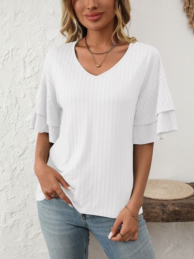 Mandy V-Neck Ruffle Half Sleeve Top OutfitFlow