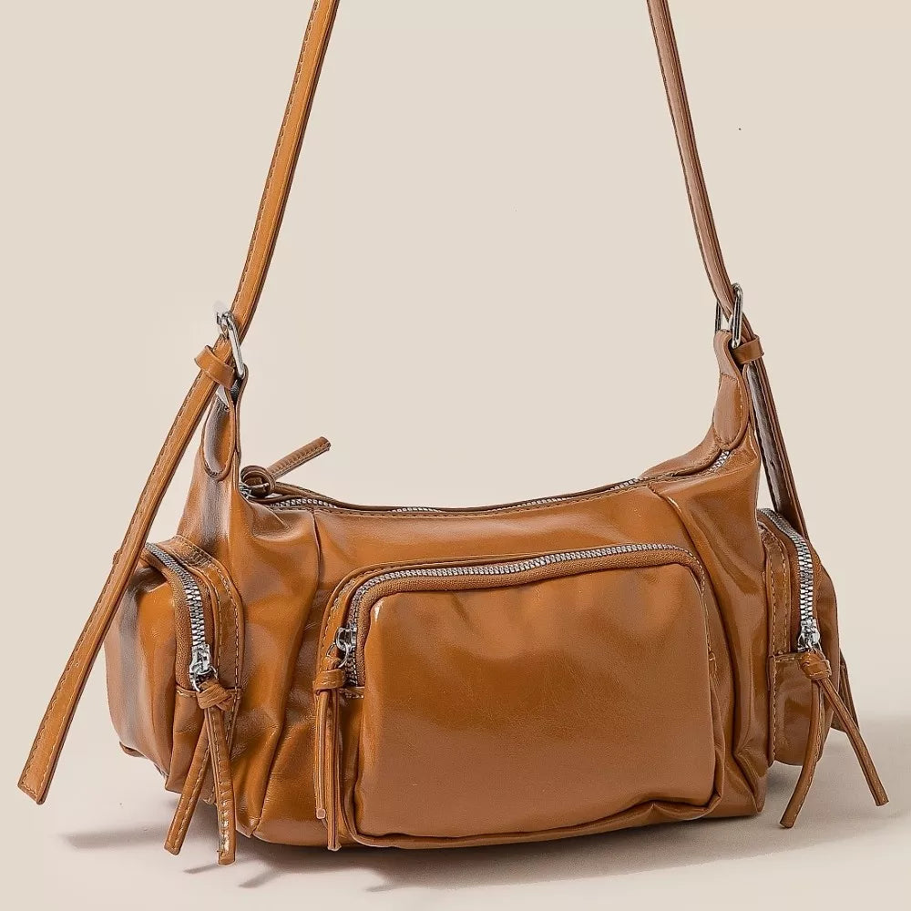 Fame Glossy Faux Leather Multi Pocket Hand Bag OutfitFlow
