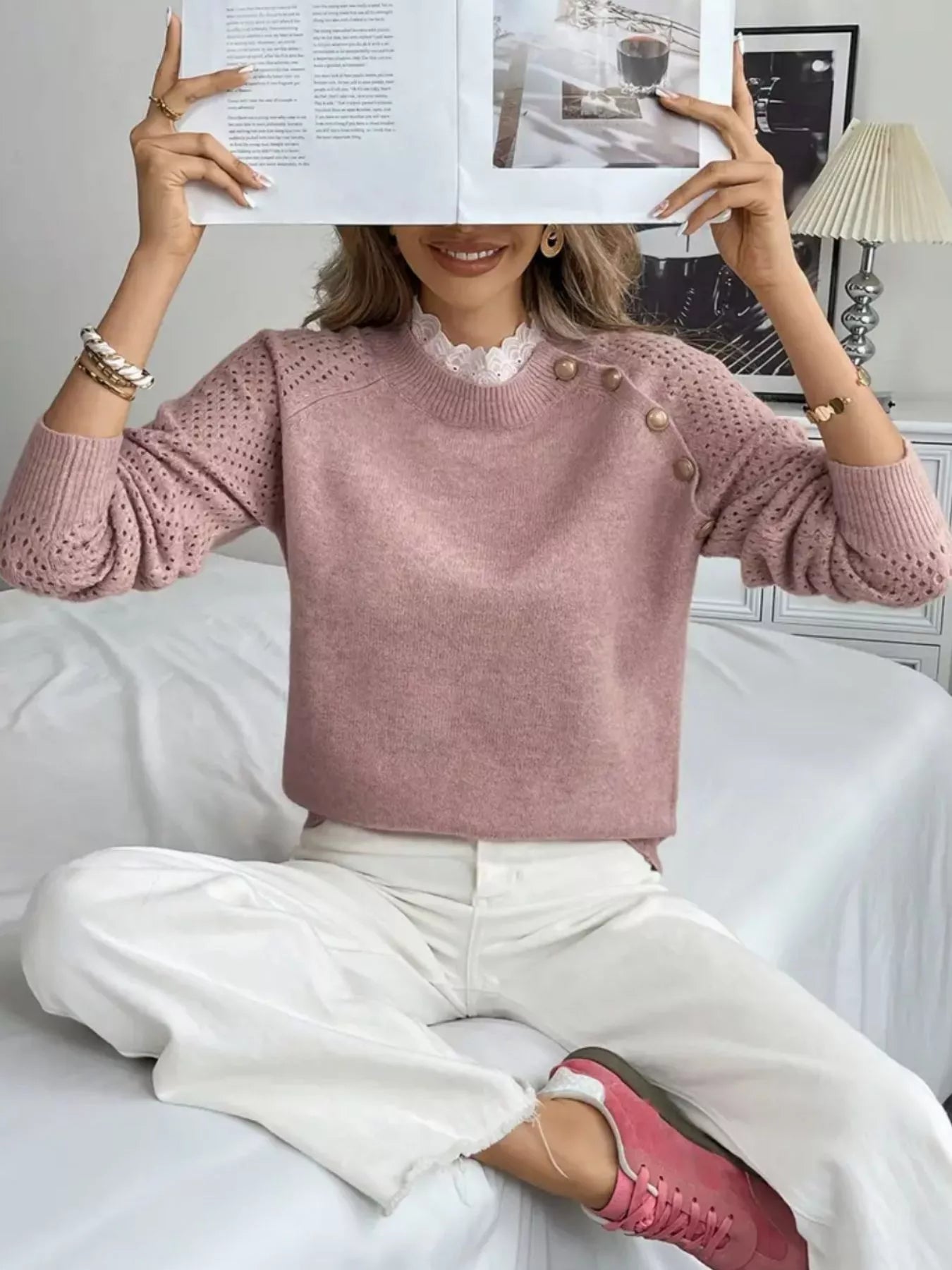 Lace Trim Button Detail Openwork Long Sleeve Sweater OutfitFlow