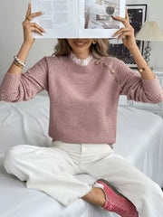 Lace Trim Button Detail Openwork Long Sleeve Sweater OutfitFlow