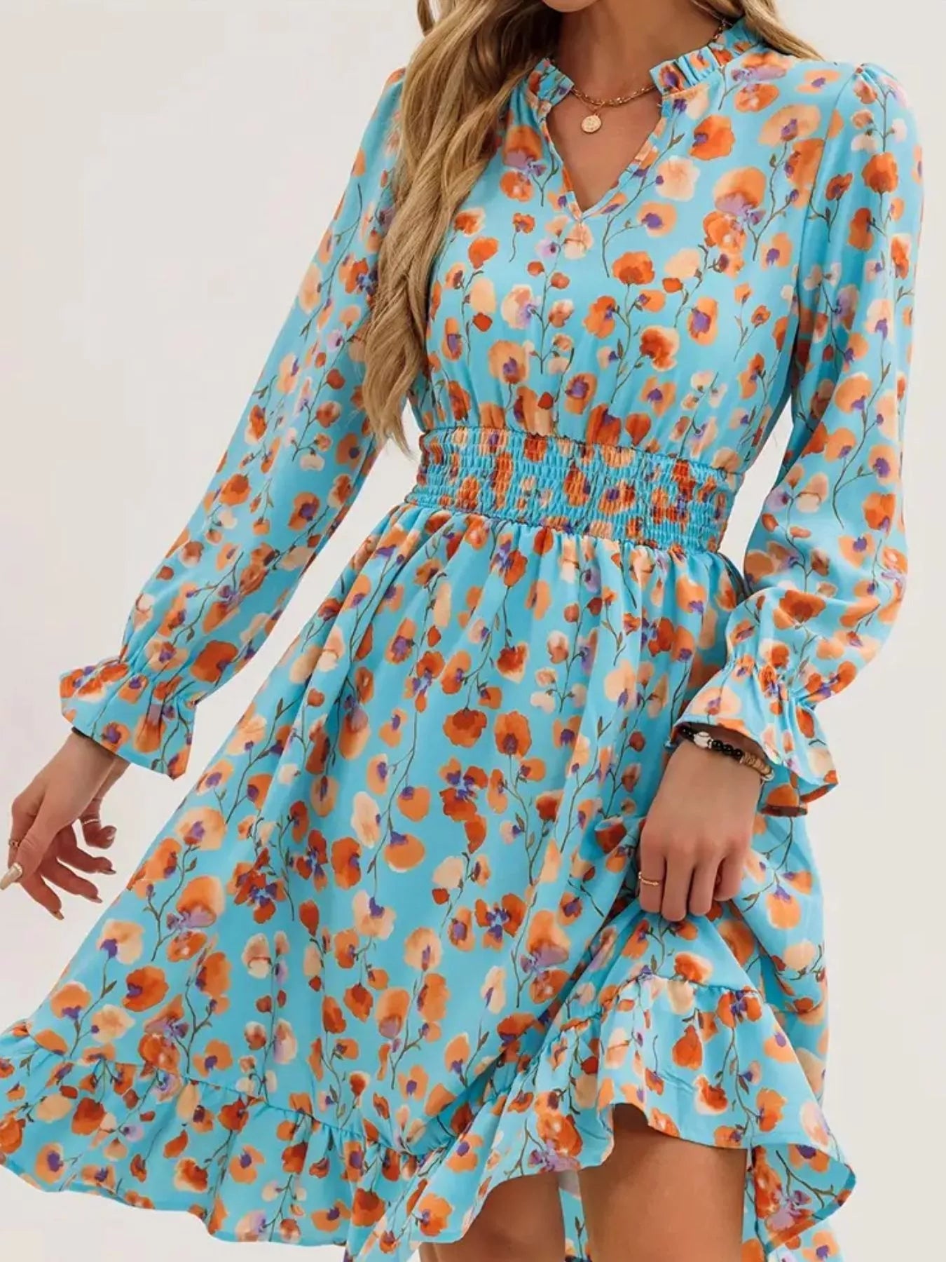 Floral Notched Flounce Sleeve Dress OutfitFlow