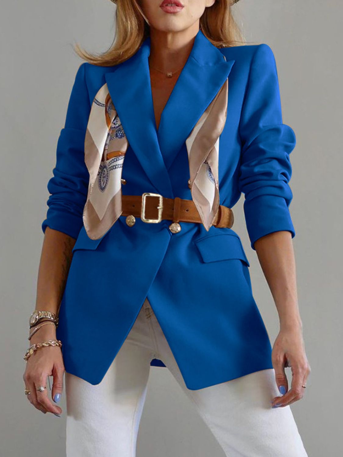Buttoned Lapel Collar Long Sleeve Blazer Light Indigo OutfitFlow