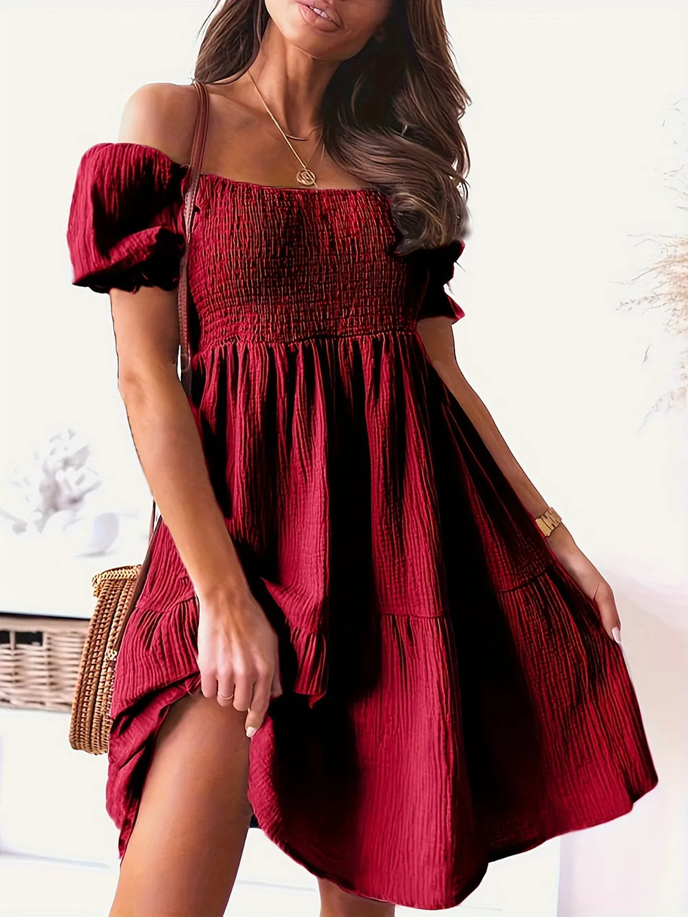Full Size Ruffled Off-Shoulder Short Sleeve Dress Burgundy OutfitFlow