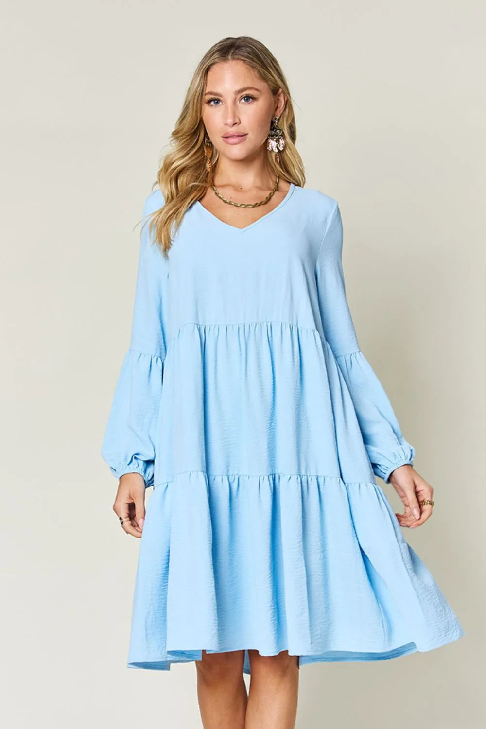 Double Take Full Size V-Neck Balloon Sleeve Tiered Dress with Pockets Light Blue OutfitFlow