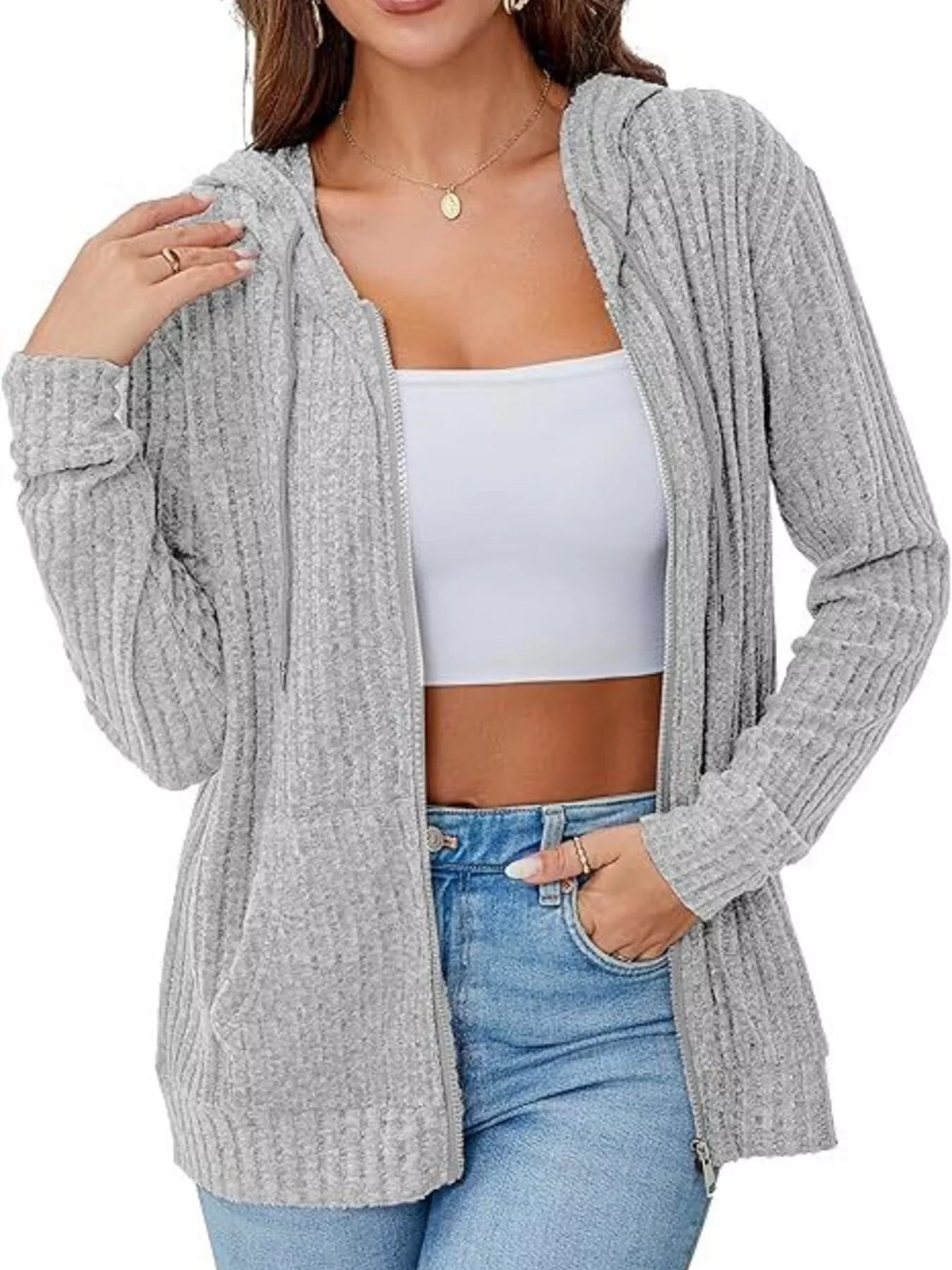 Ribbed Zip Up Hooded Outerwear Trendsi