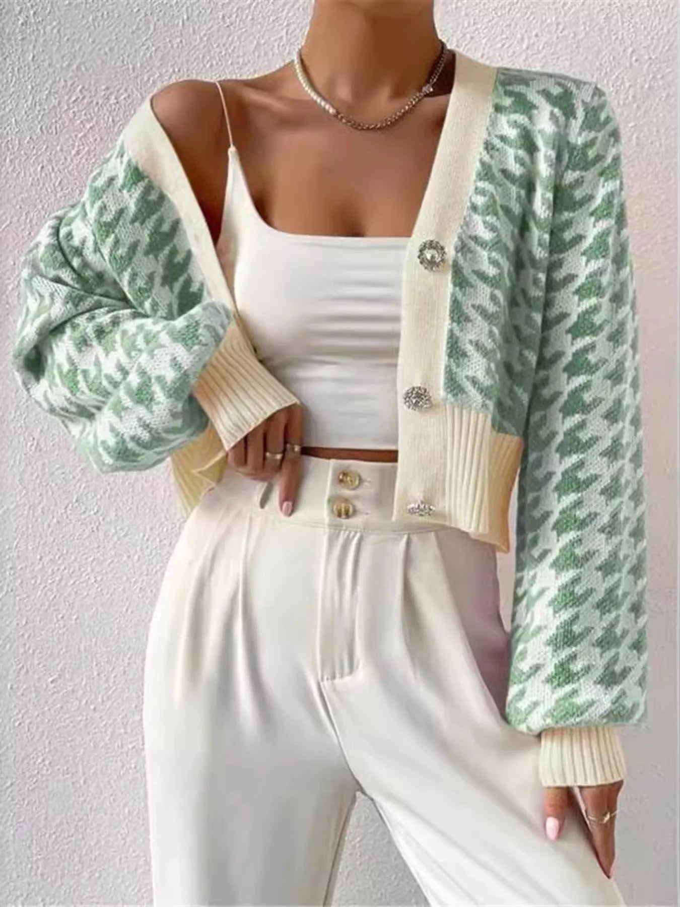 Houndstooth V-Neck Button Up Cardigan OutfitFlow