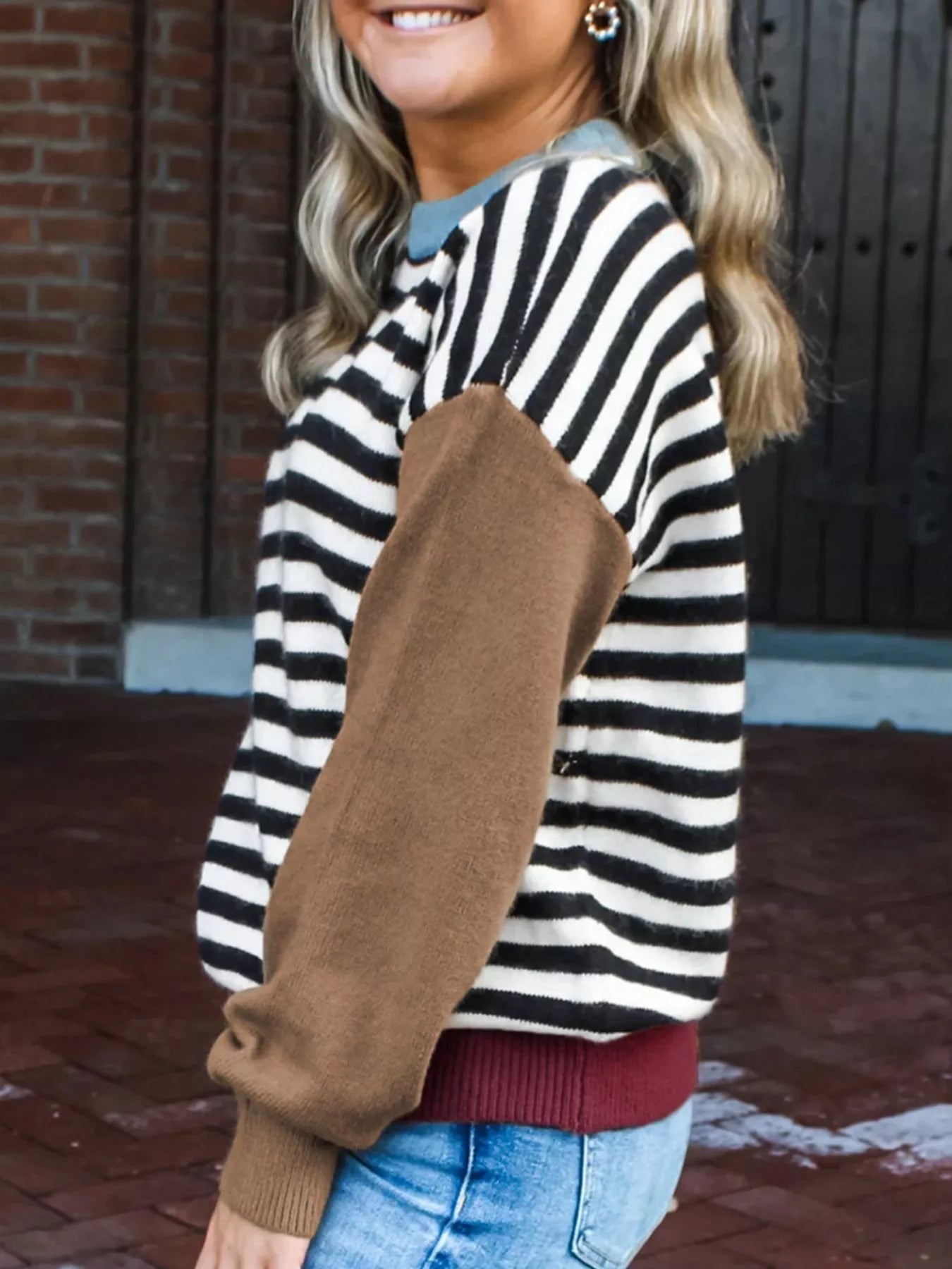Striped Panels Colorblock Sleeve Sweater OutfitFlow