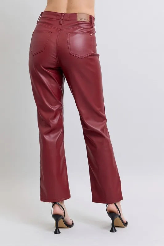 Judy Blue Full Size High Waist Tummy Control Faux Leather Straight Pants Plus Size OutfitFlow