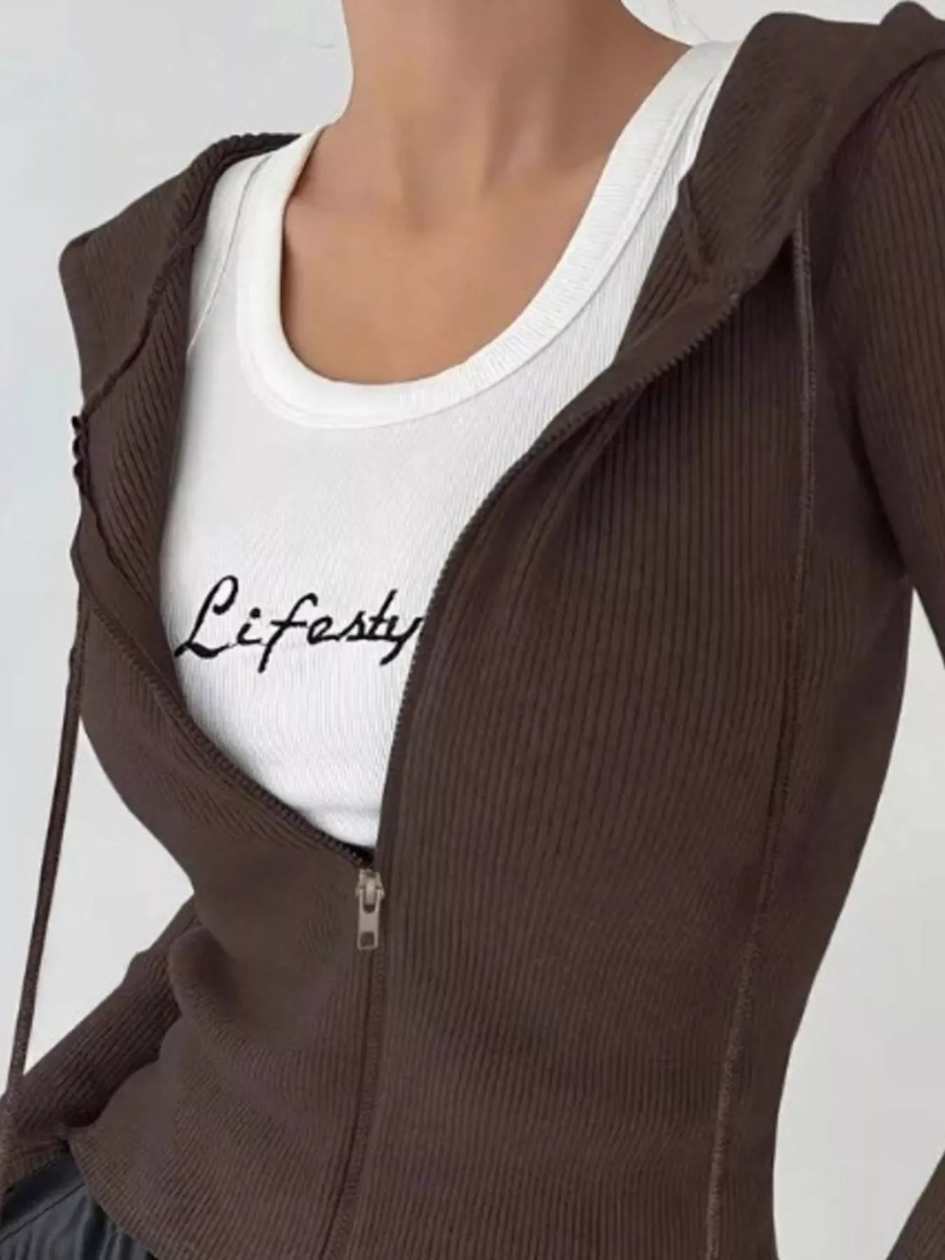 Ribbed Knit Zip-Up Hooded Cardigan OutfitFlow