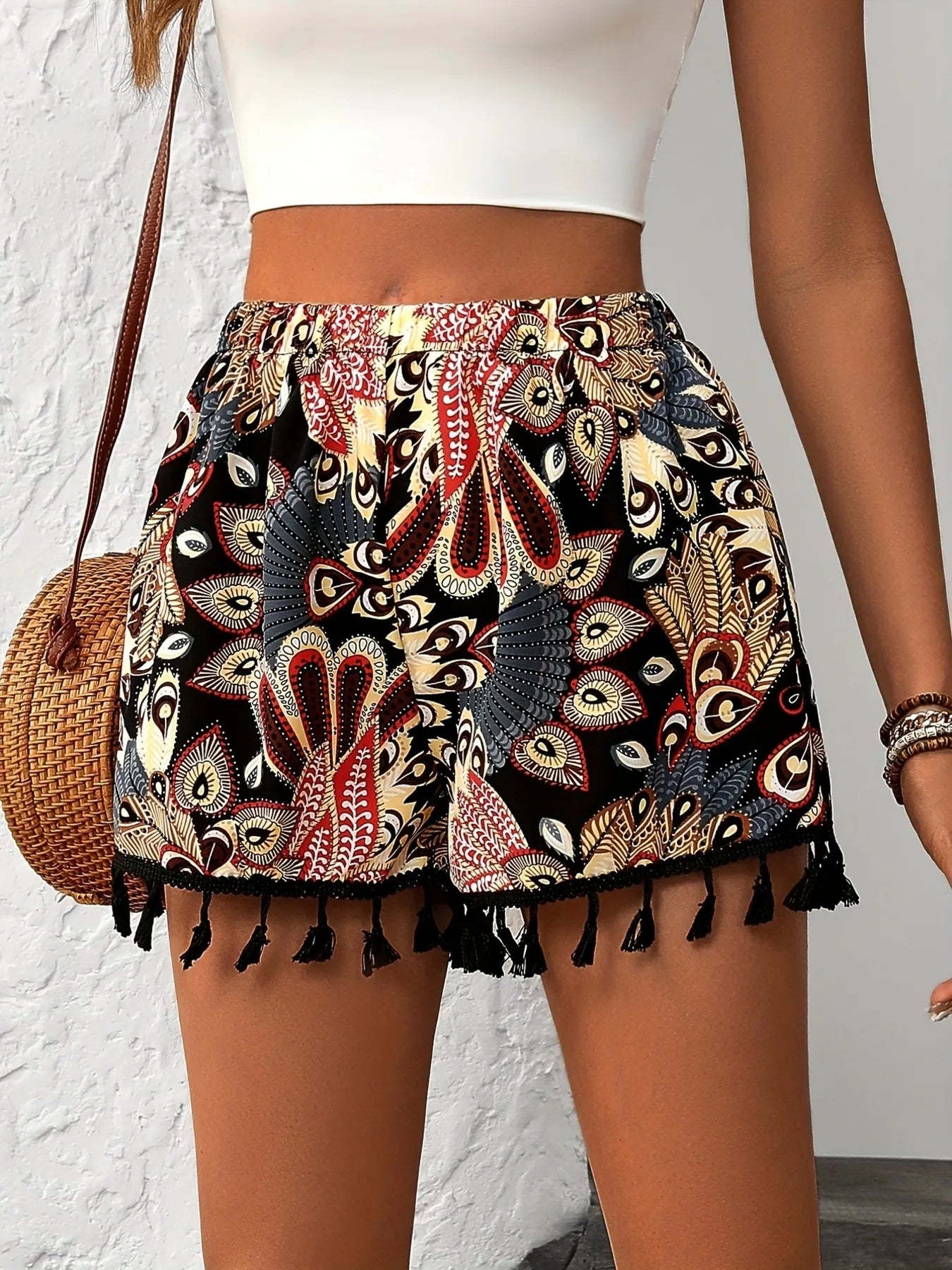 Paisley Print Tassel Hem Shorts OutfitFlow