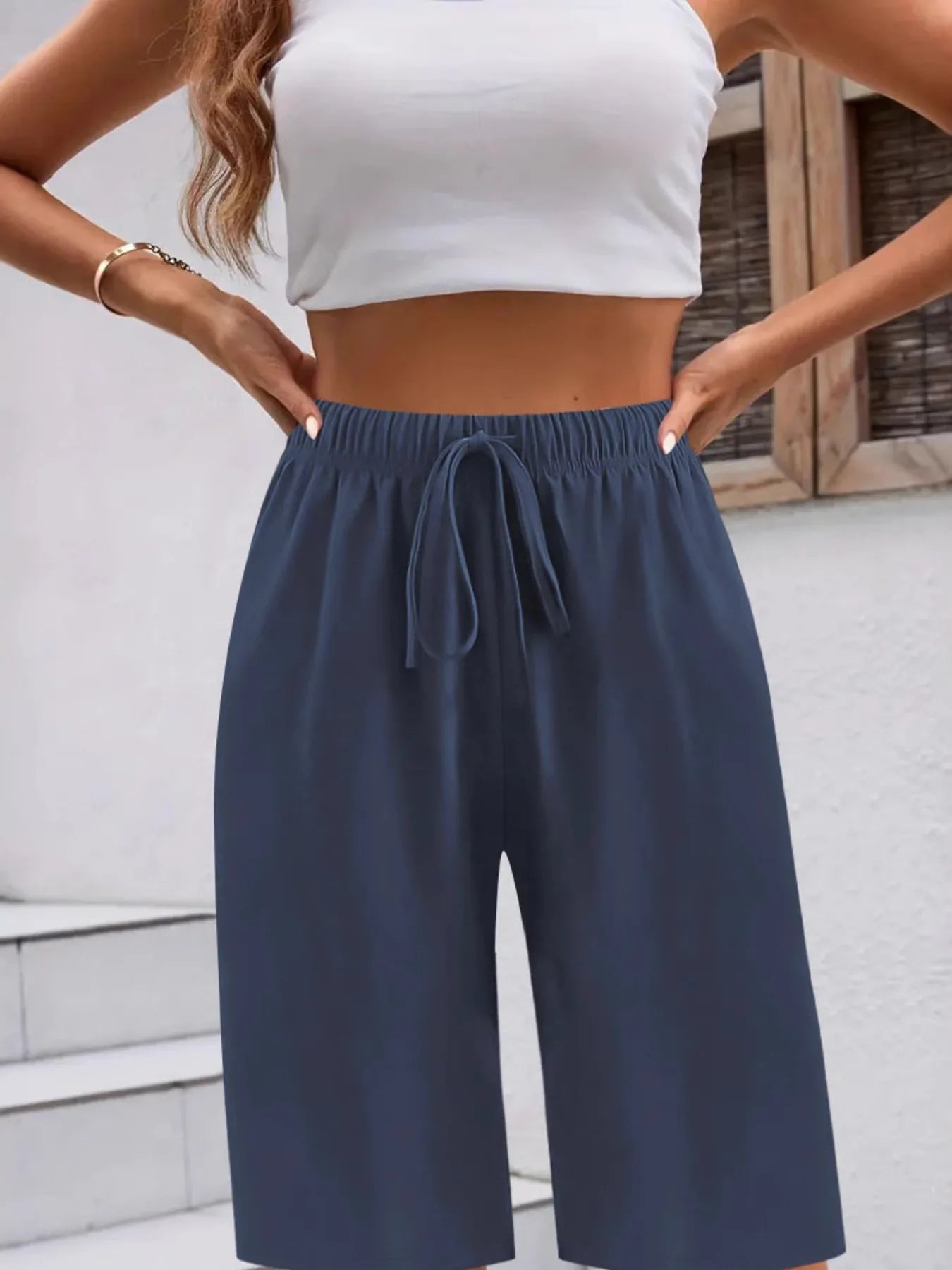 Casual Drawstring Wide Leg Shorts OutfitFlow