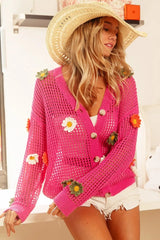 BiBi Flower Patches Open Knit Sweater Cardigan OutfitFlow