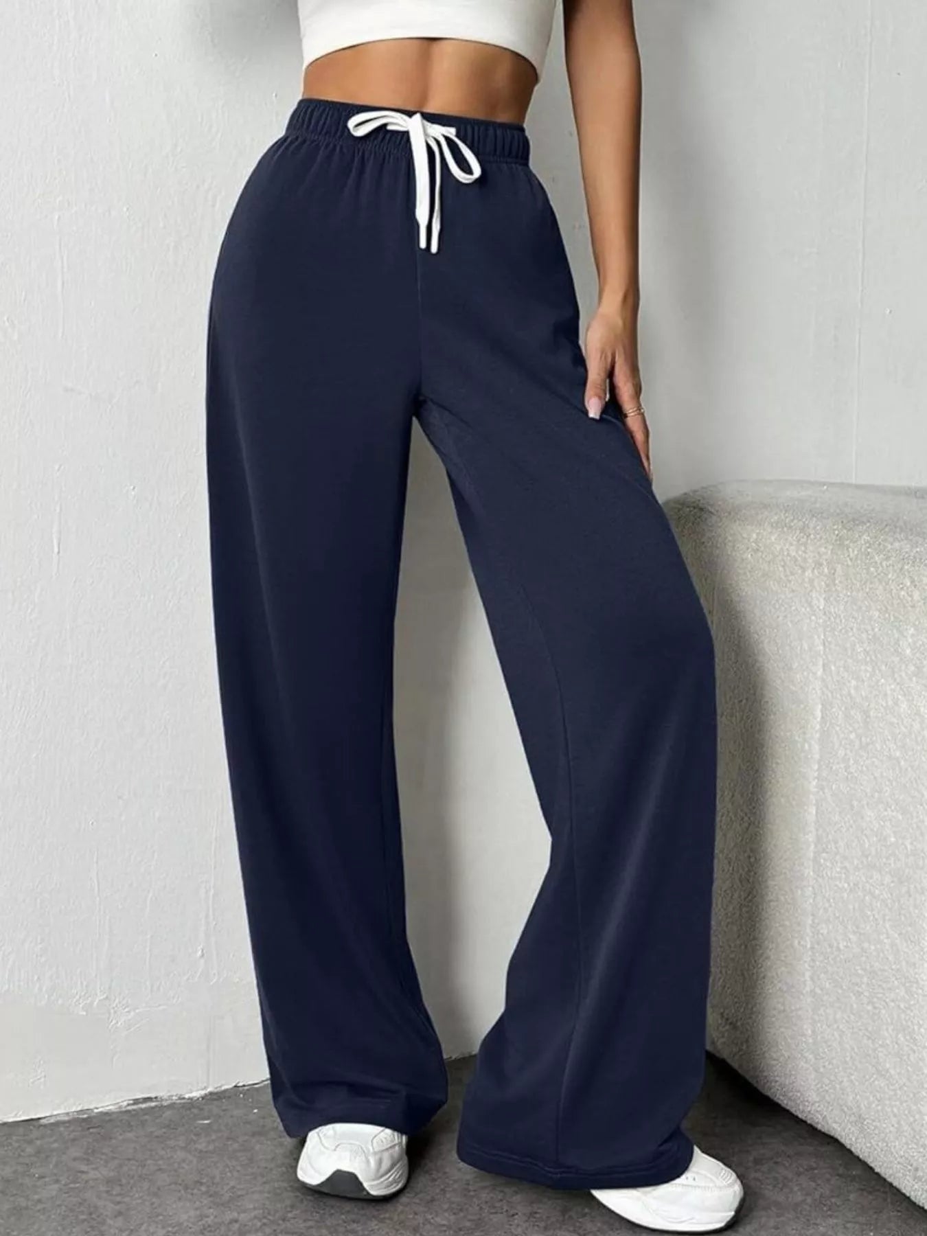 Drawstring Wide Leg Pants Navy Blue OutfitFlow