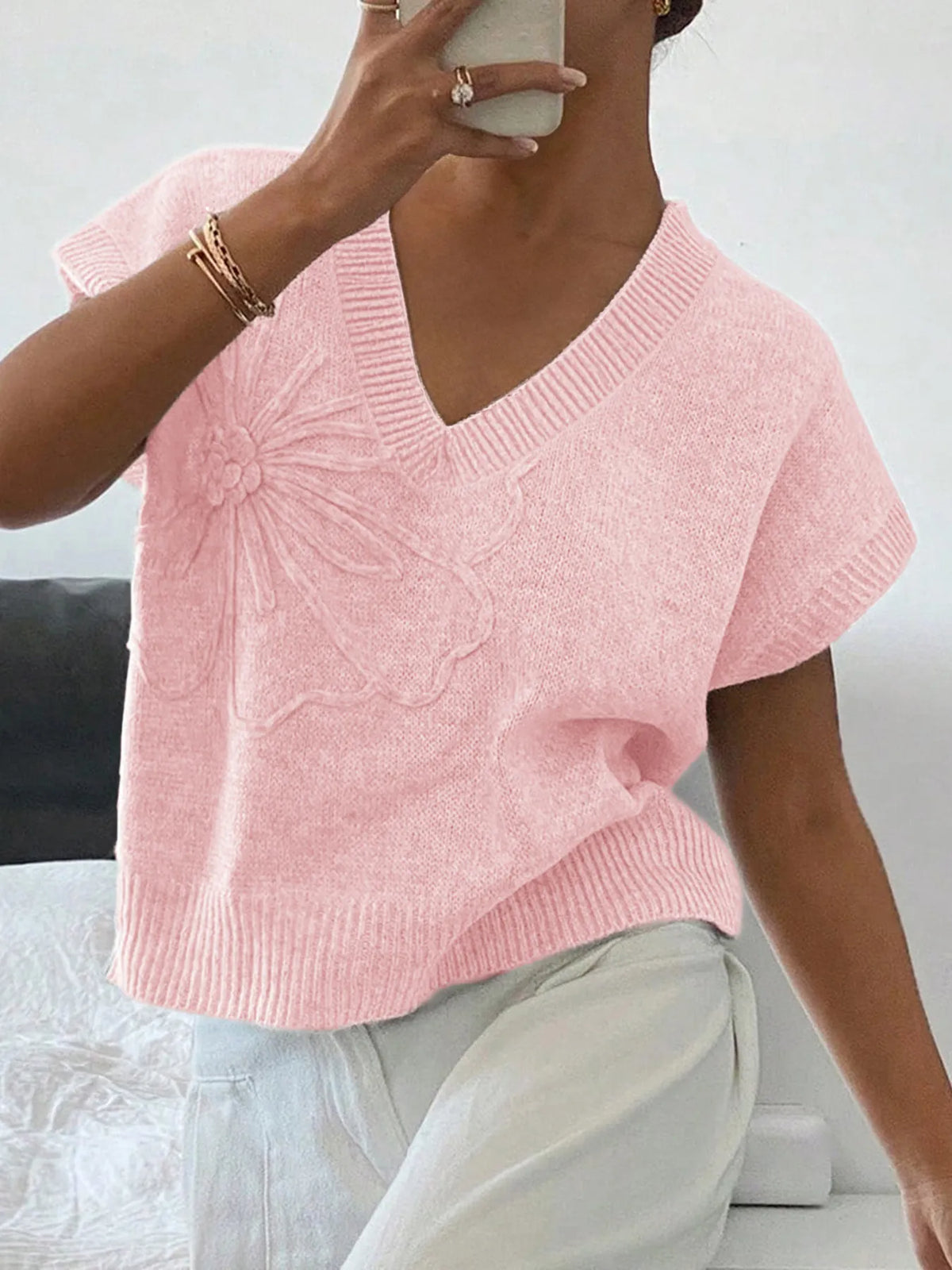 Ribbed Hem V-Neck Short Sleeve Sweater Light Pink OutfitFlow
