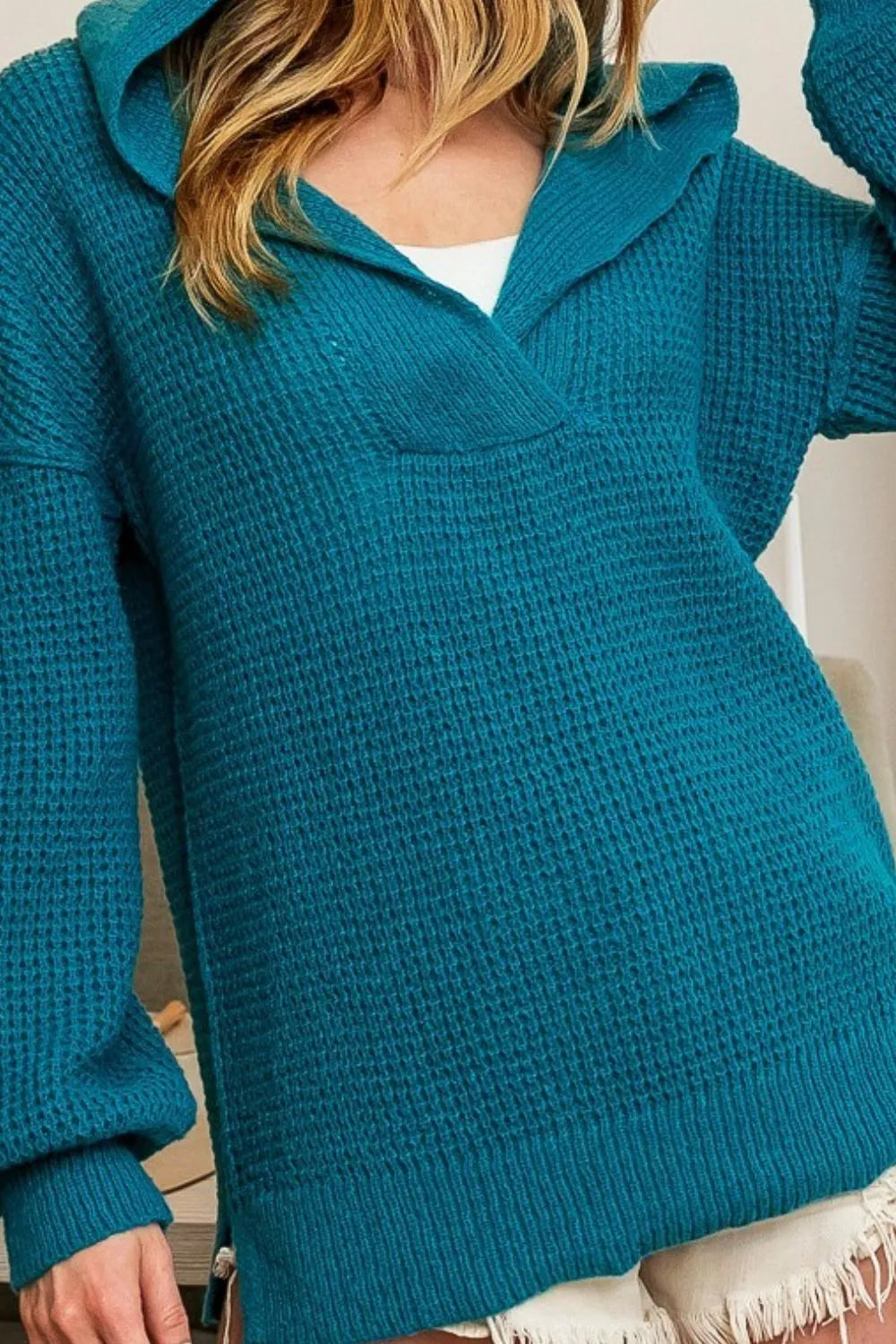 BiBi Raw Edge Detail V-Neck Sweater Hoodie OutfitFlow