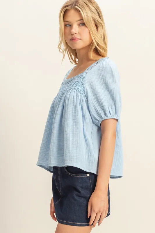 HYFVE Crochet Detail Puff Sleeve Peasant Top OutfitFlow