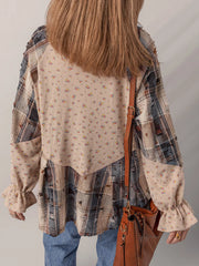 Boho Floral Plaid Patchwork Distressed Detail Ruffled Sleeve Waffle Knit Shacket OutfitFlow