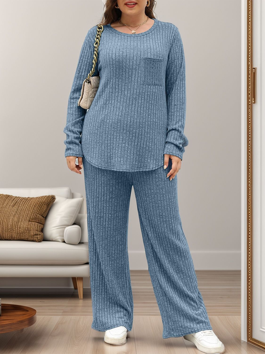 Round Neck Long Sleeve Top and Pants Set