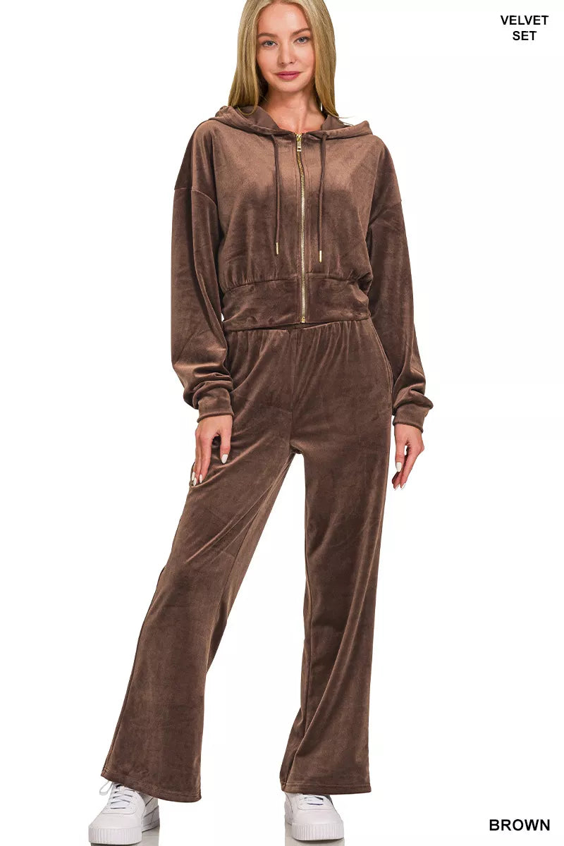 Zenana Velvet Zip Up Hoodie and Pants Set BROWN OutfitFlow