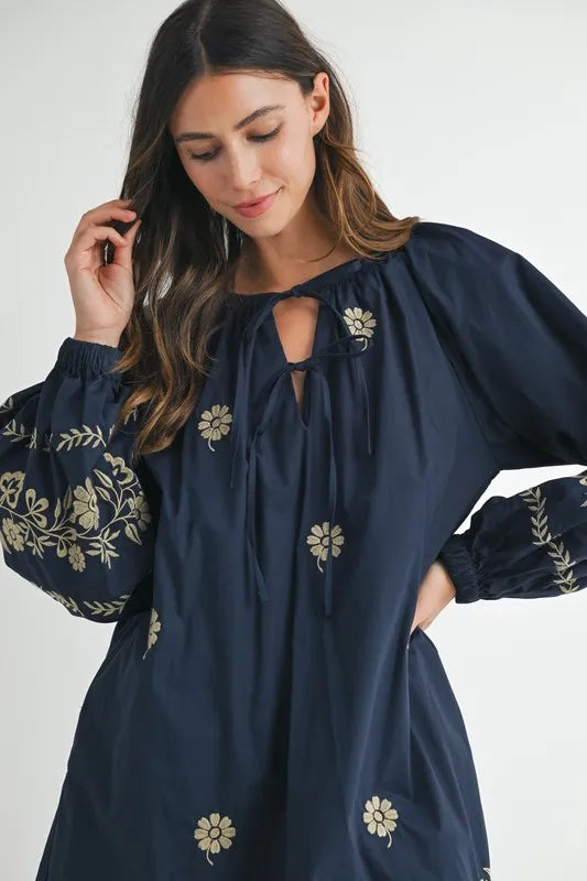 MABLE Embroidered Long Sleeve Peasant Mini Dress OutfitFlow
