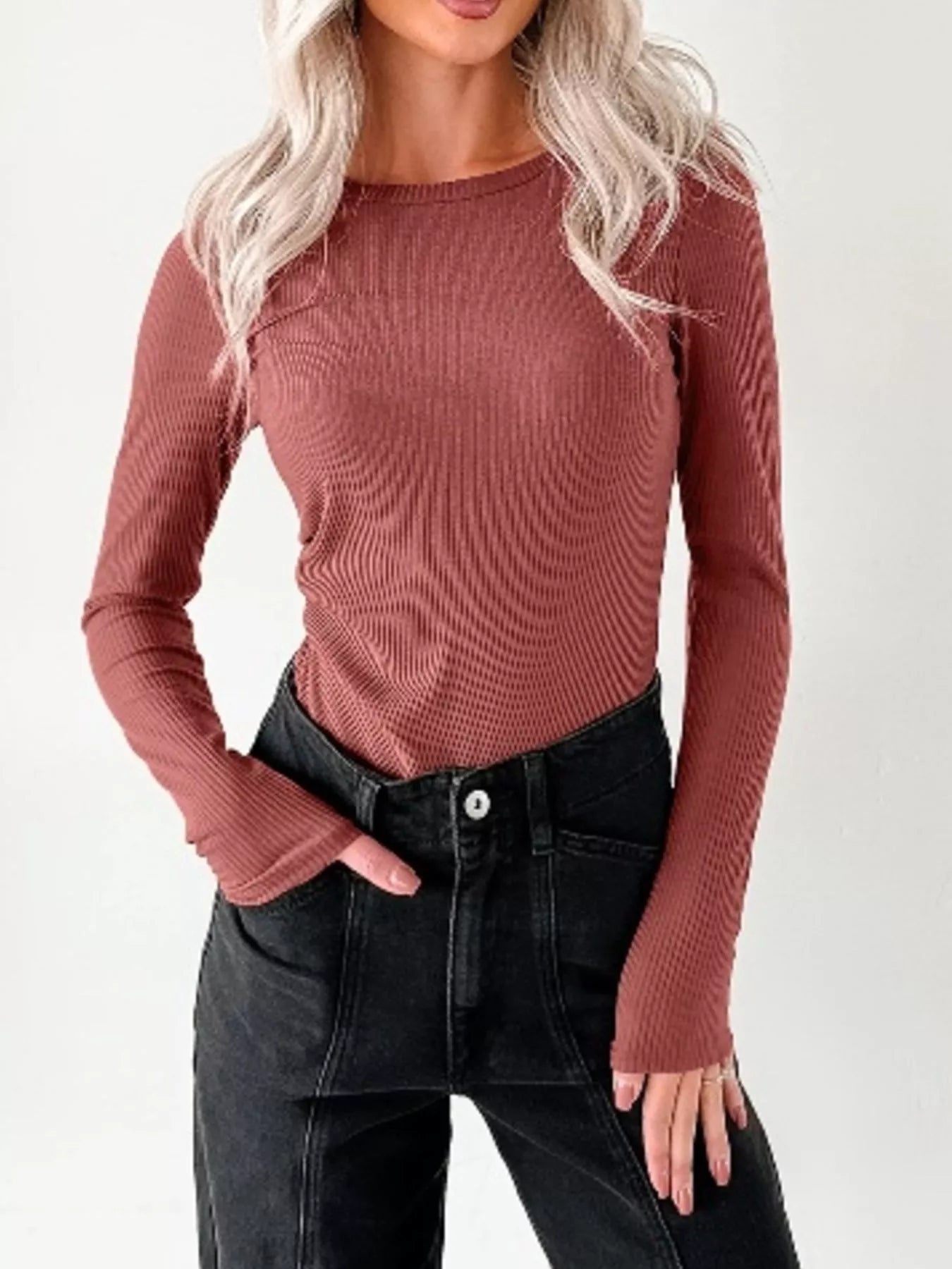 Ribbed Long Sleeve Fitted Bodysuit OutfitFlow