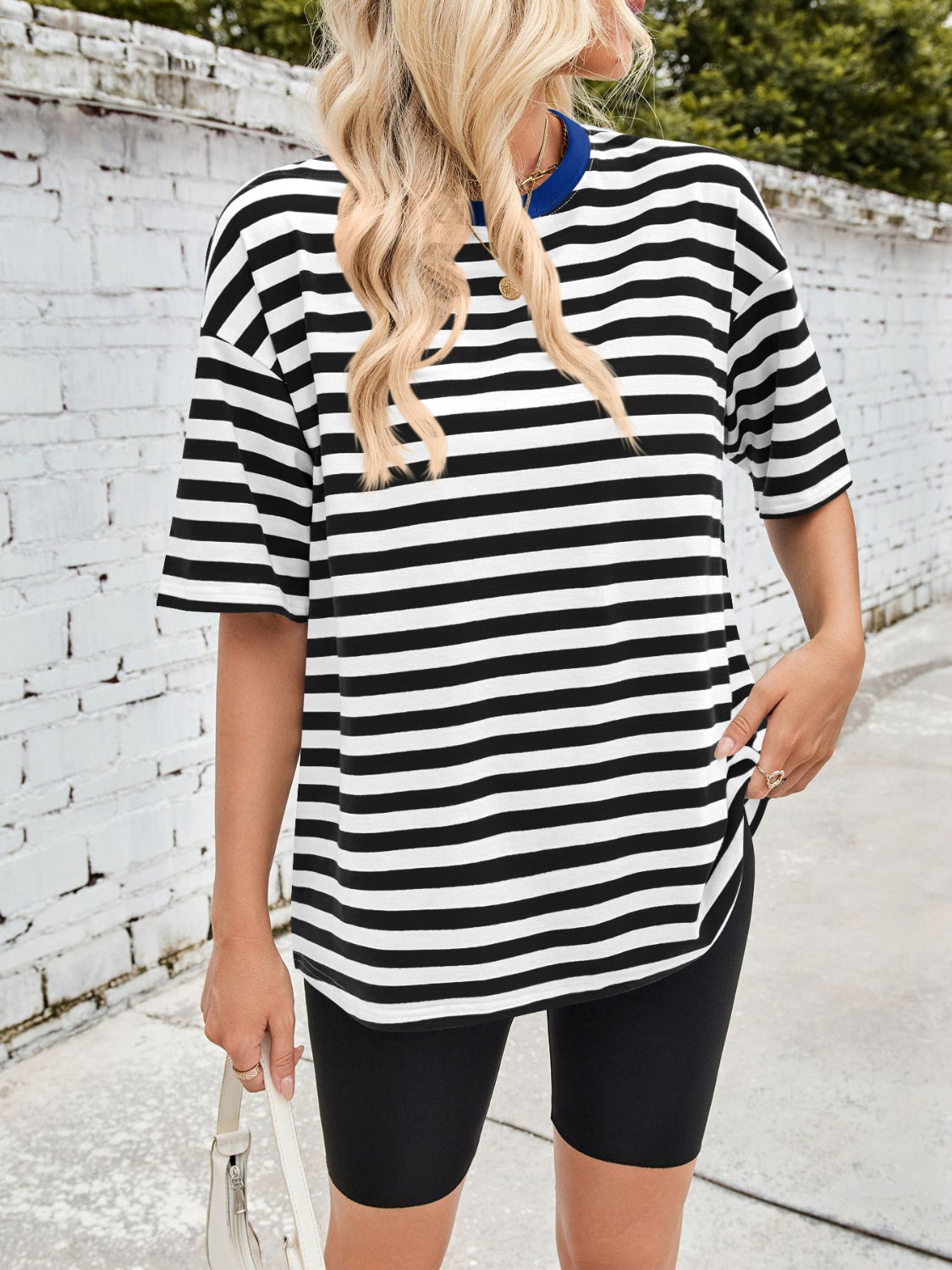 Outfit Flow - Lovelet Striped Round Neck Half Sleeve T-Shirt