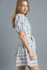 Umgee Printed Tie Waist Puff Short Sleeve Mini Dress OutfitFlow
