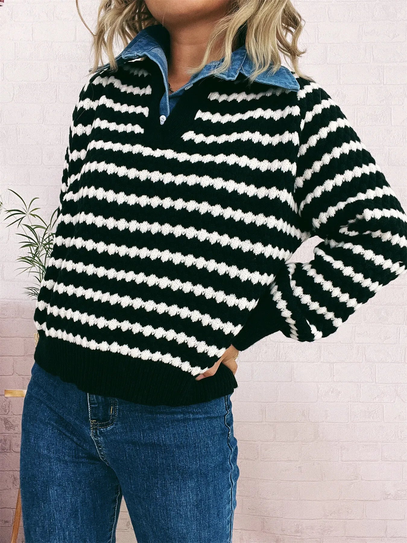 Contrast Striped Sweater with Denim Collar OutfitFlow