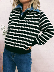 Contrast Striped Sweater with Denim Collar OutfitFlow
