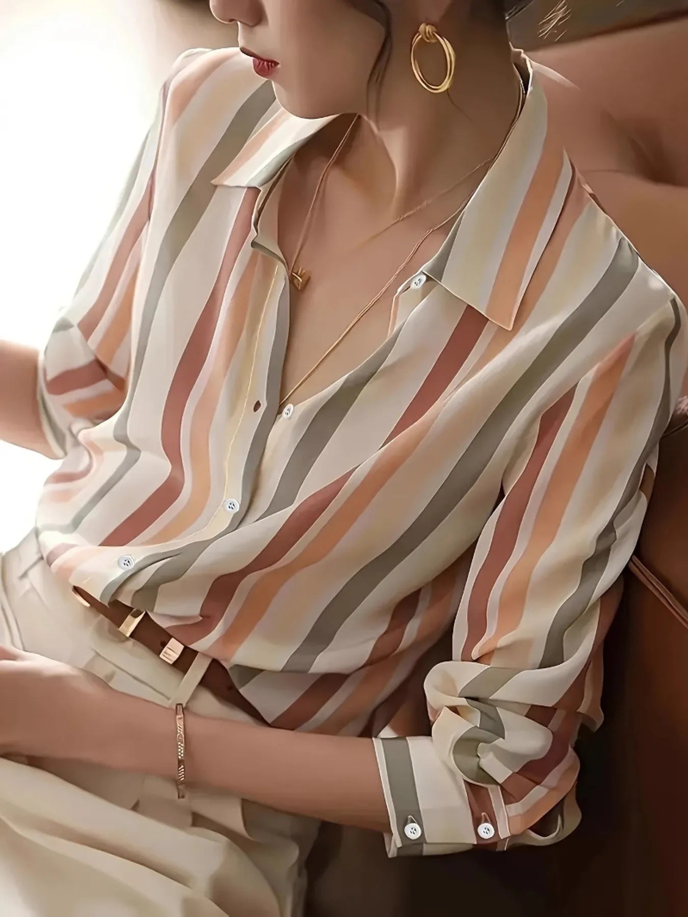 Striped Button-Up Long Sleeve Shirt OutfitFlow