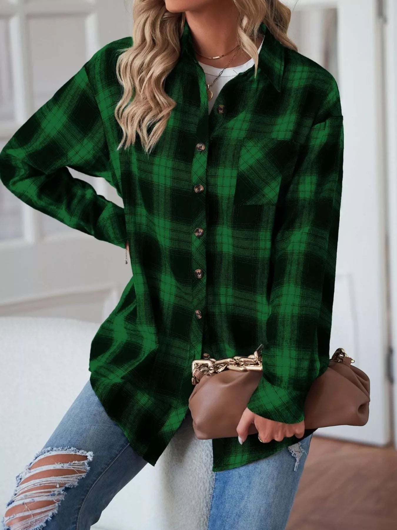 Casual Plaid Button Up Shirt Trendsi