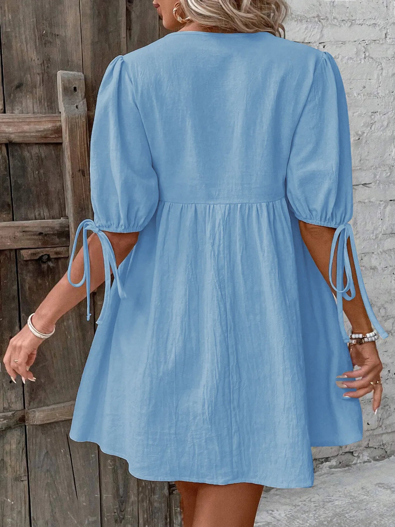 V-Neck Tie-Front Mini Dress with Puff Sleeves OutfitFlow