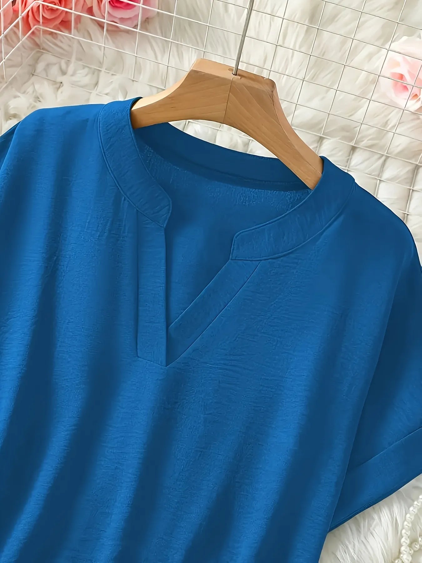 Casual Notched Short Sleeve Blouse OutfitFlow