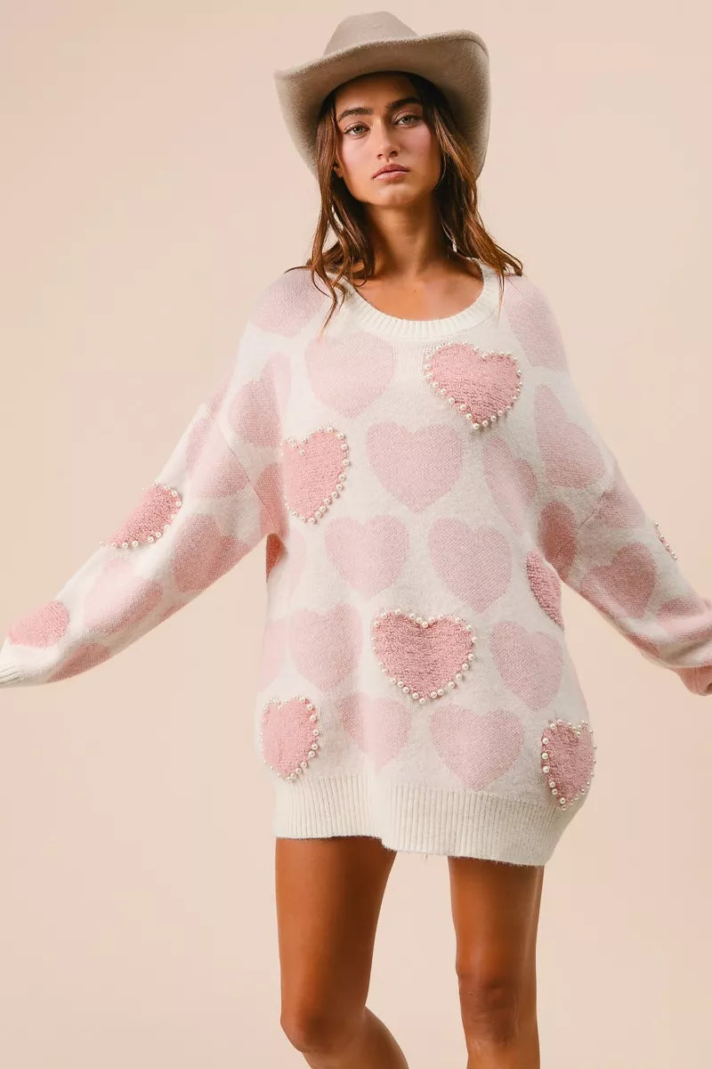 BiBi Heart Pattern Sweater with Pearl Detail OutfitFlow