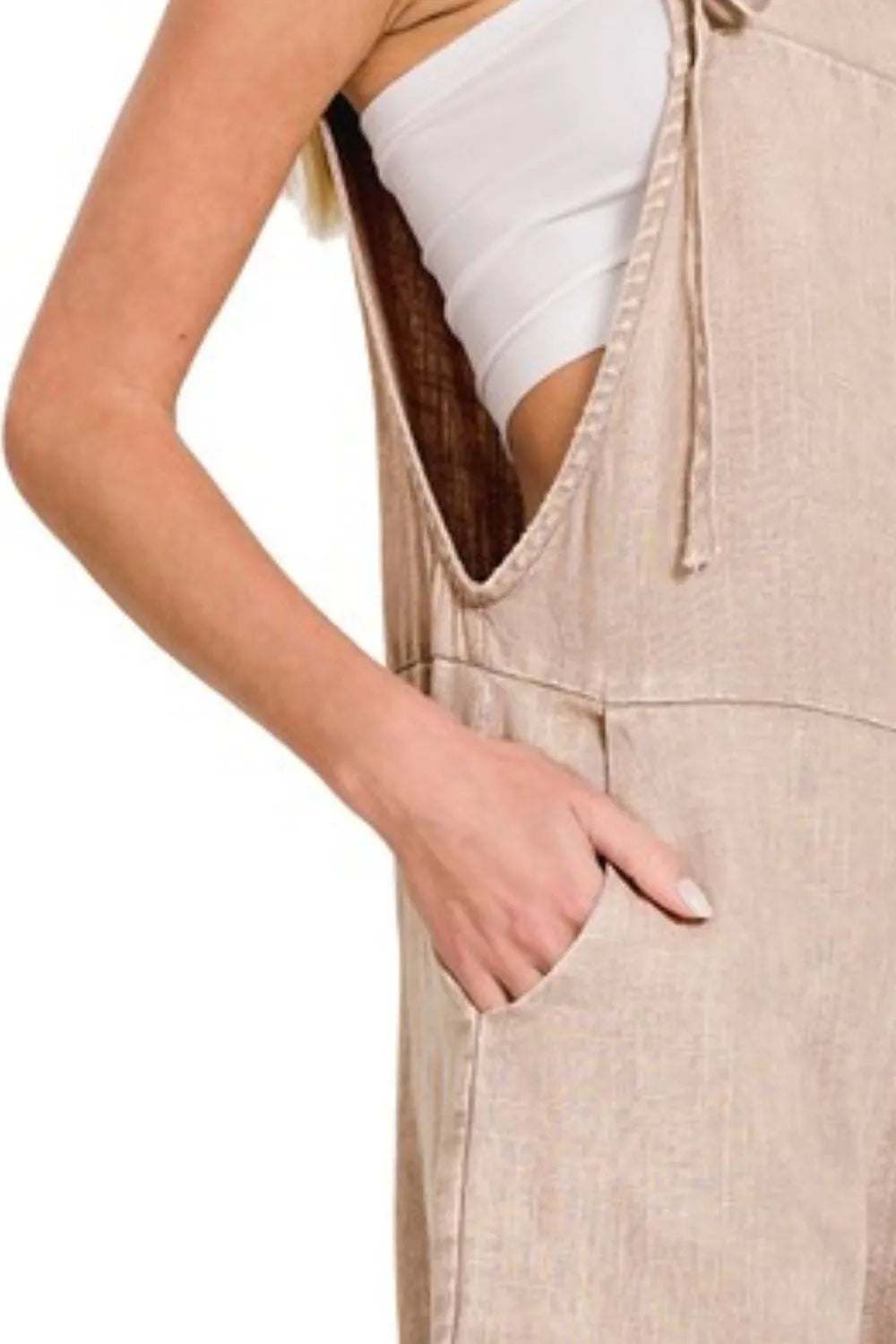 Zenana Washed Linen Knot Strap Rompers OutfitFlow