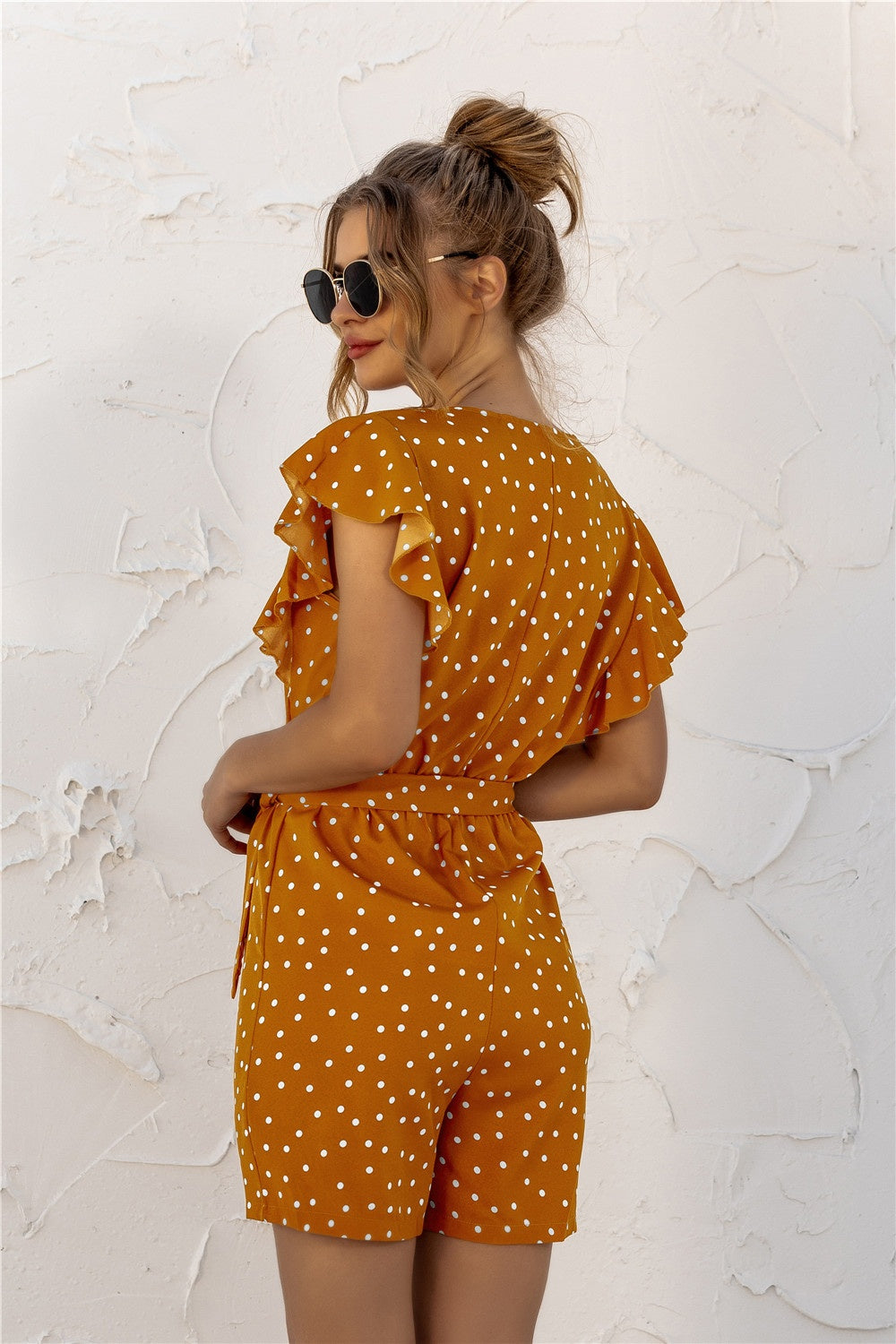 Outfit Flow - Ruffled Polka Dot Half Button Romper