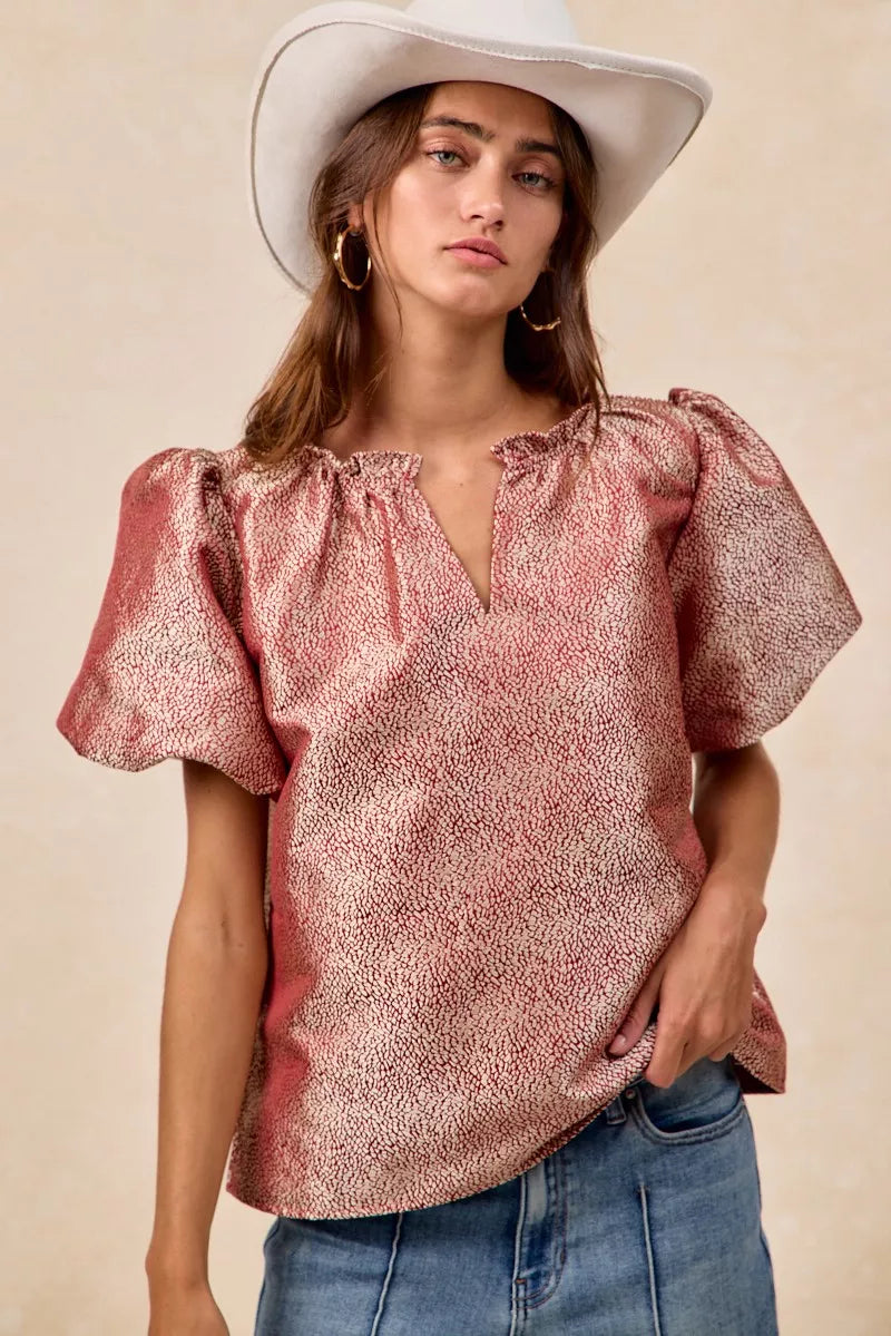 BiBi Jacquard Woven Short Balloon Sleeves V Neck Top OutfitFlow