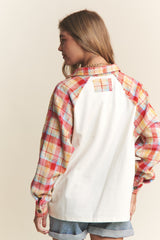 J.NNA Plaid Contrast Button Down Henley Top