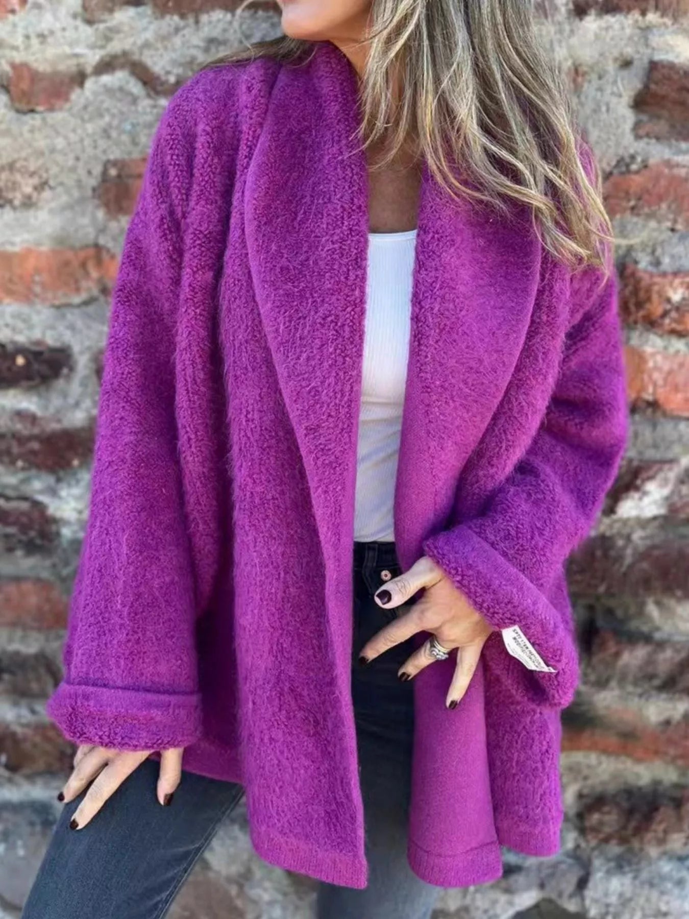 Open Front Long Sleeve Fluffy Jacket Purple Trendsi