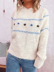 Ribbed Hem Flower Long Sleeve Sweater OutfitFlow