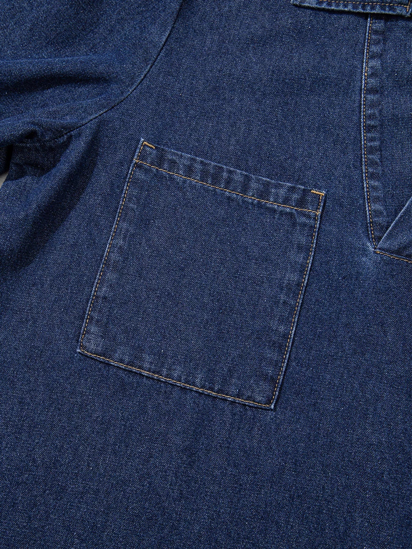 V Neck Collared Single Chest Pocket Long Sleeve Denim Dress OutfitFlow