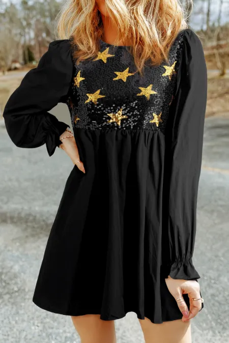 Outfit Flow - Sequin Star Round Neck Flounce Sleeve Mini Dress