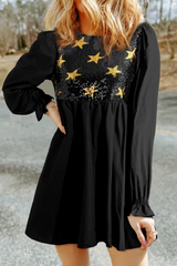 Outfit Flow - Sequin Star Round Neck Flounce Sleeve Mini Dress