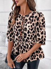 Tied Leopard Round Neck Half Sleeve Blouse OutfitFlow