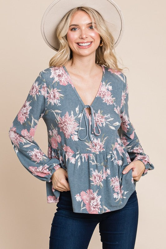 Outfit Flow - Super Lady Full Size Babydoll Floral Long Sleeve Blouse