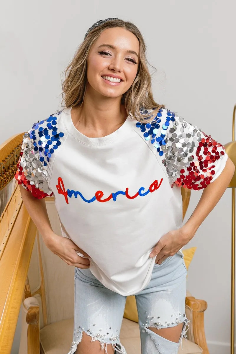 BiBi America Letter Applique Spangle Puff Sleeves Top OutfitFlow