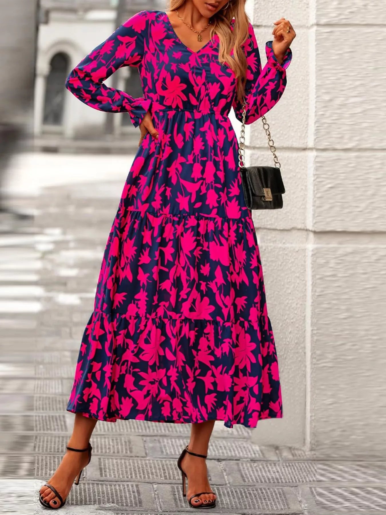 Printed V-Neck Flounce Sleeve Tiered Midi Dress OutfitFlow