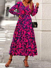 Printed V-Neck Flounce Sleeve Tiered Midi Dress OutfitFlow