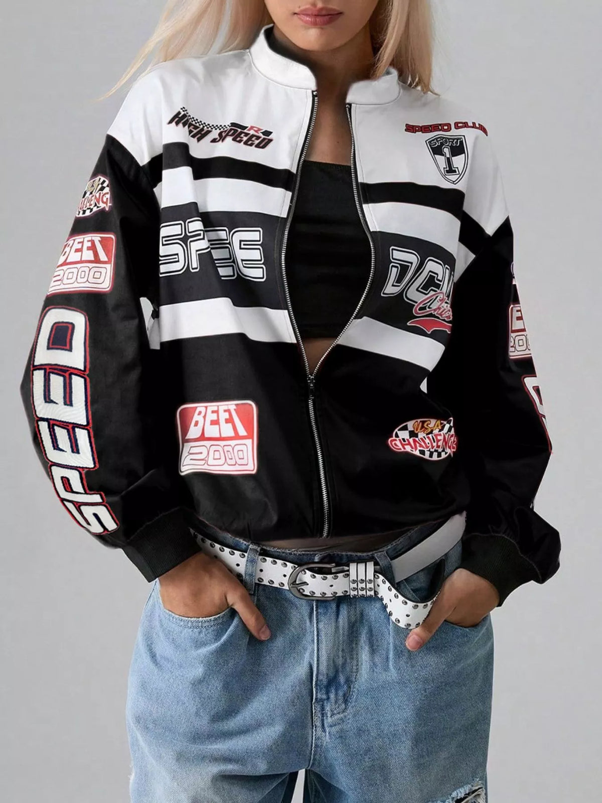 Letter Zip Up Dropped Shoulder Jacket Black OutfitFlow
