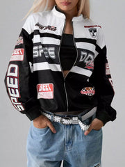 Letter Zip Up Dropped Shoulder Jacket Black OutfitFlow